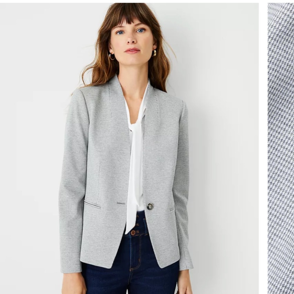 Ann Taylor grey houndstooth collarless blazer.    Worn once.   14P
